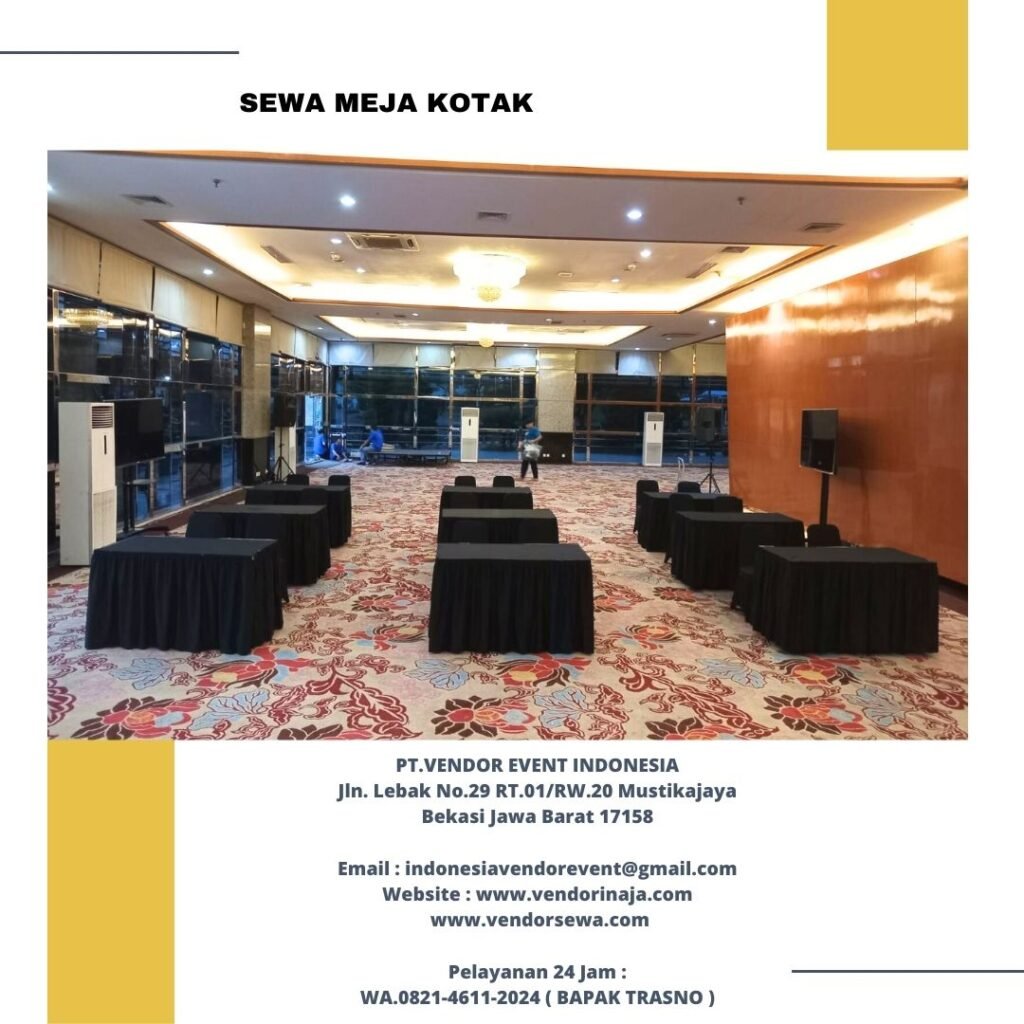 Sewa Meja Kotak Ukuran 120x60cm Cover Rumbai Hitam Jakarta