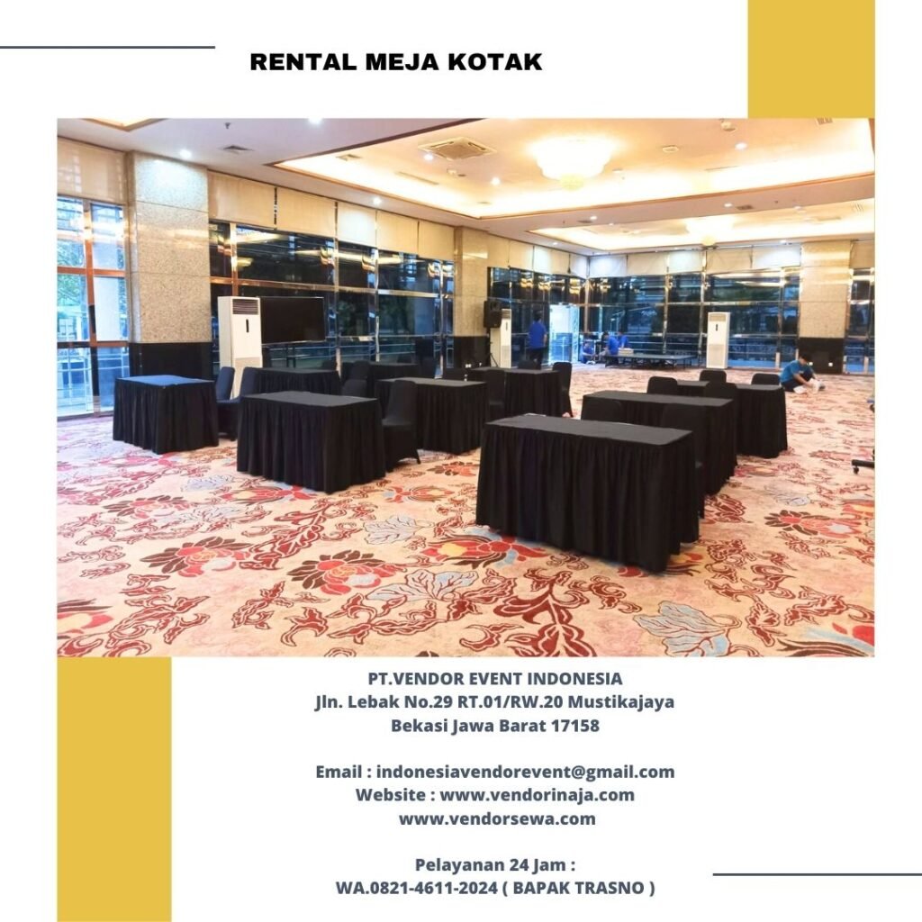 Sewa Meja Kotak Ukuran 120x60cm Cover Rumbai Hitam Jakarta