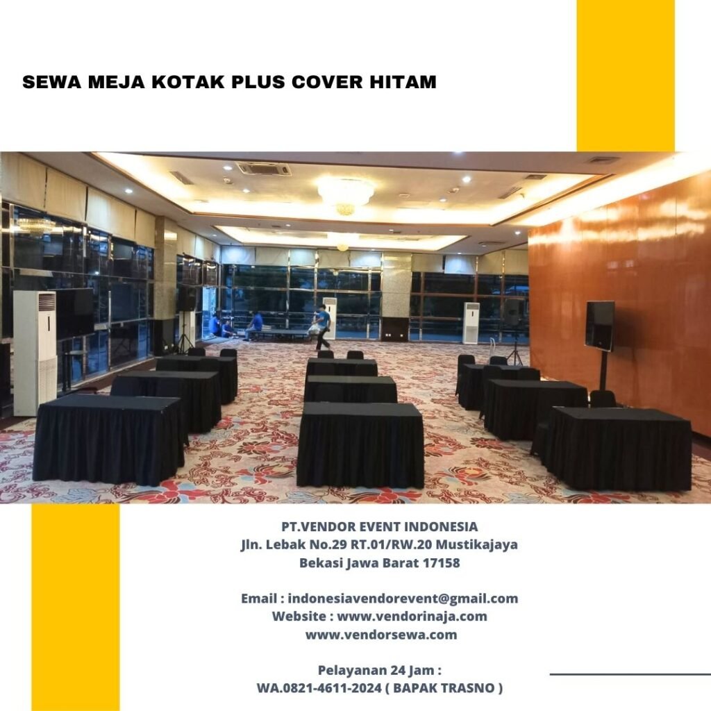 Sewa Meja Kotak Ukuran 120x60cm Cover Rumbai Hitam Jakarta