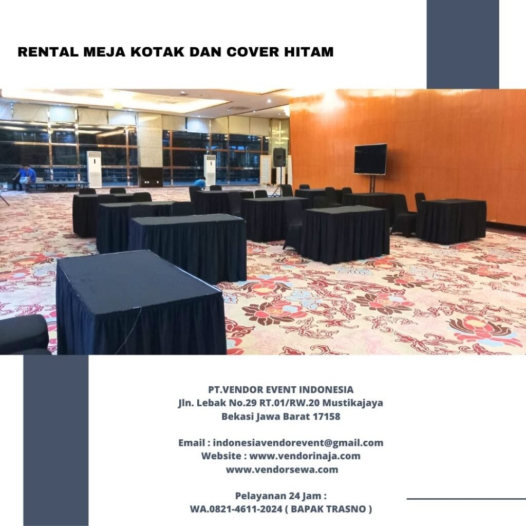 Sewa Meja Kotak Ukuran 120x60cm Cover Rumbai Hitam Jakarta