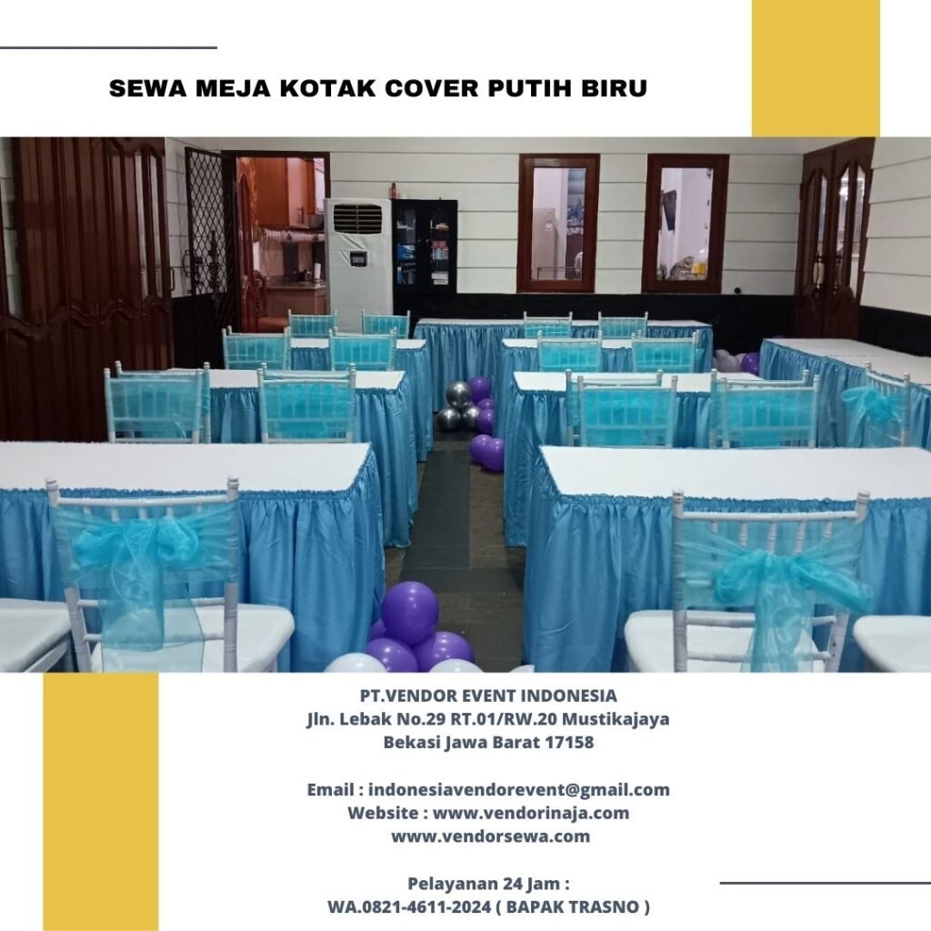 Sewa Meja Type Kotak 60x120cm Taplak Putih Biru Di Jakarta