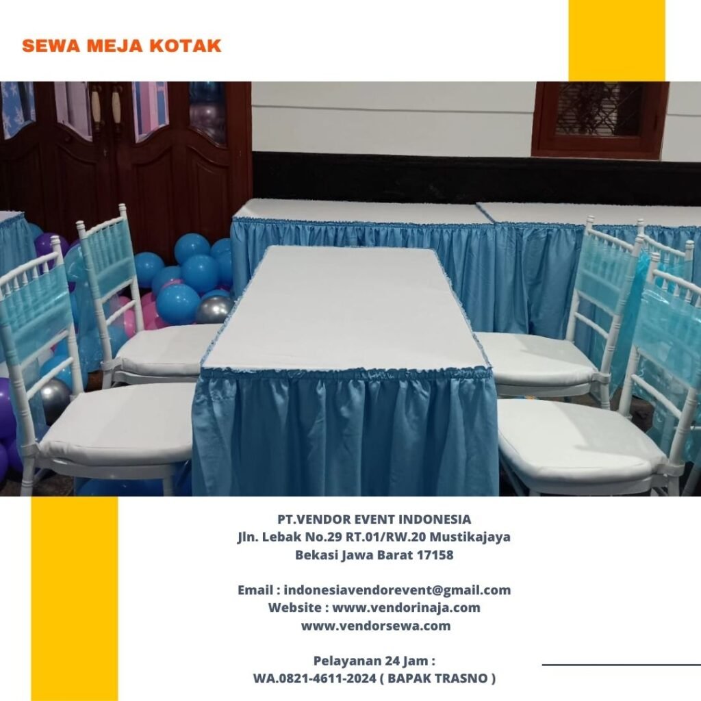 Sewa Meja Type Kotak 60x120cm Taplak Putih Biru Di Jakarta