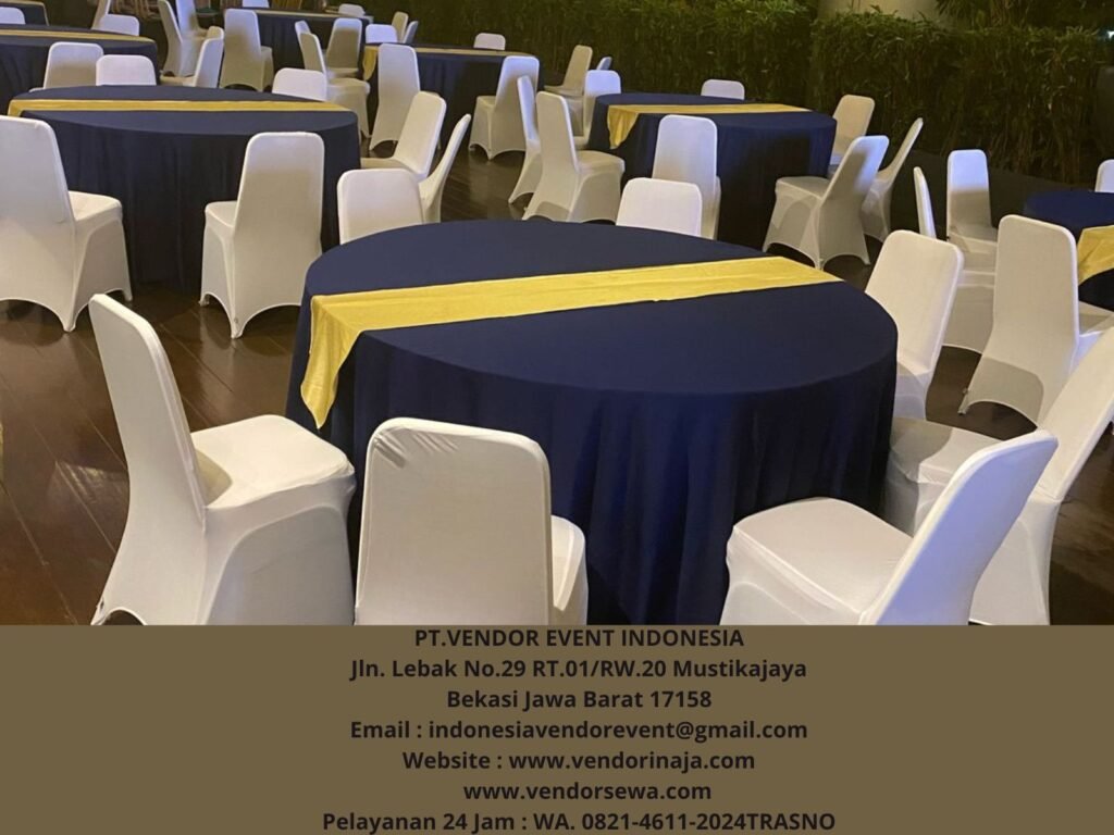 Sewa Meja Bulat D160cm Cover Tebar Navy Event Capital Palace Jakarta