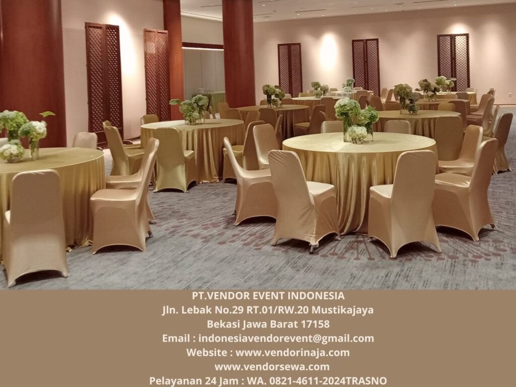 Sewa Meja Bulat Dan Kursi Cover Gold Event JICC Senayan Jakpus