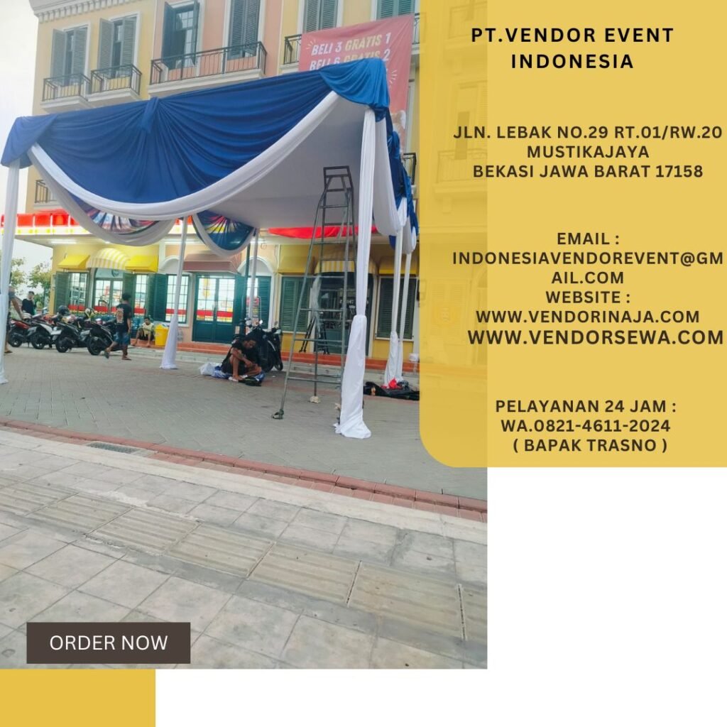Sewa Tenda Plafon Putih Poni Rumbai Biru di Jakarta