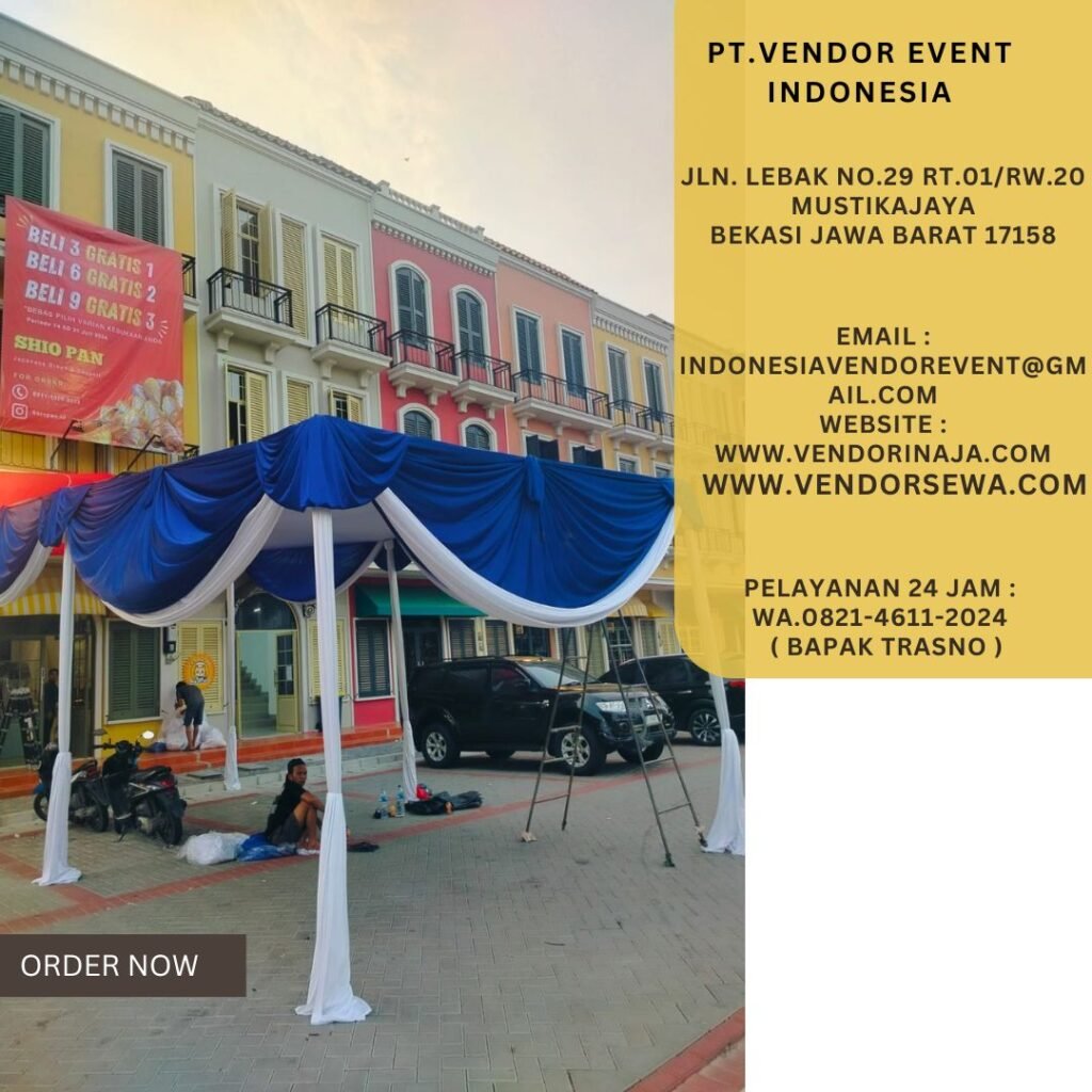 Sewa Tenda Plafon Putih Poni Rumbai Biru di Jakarta