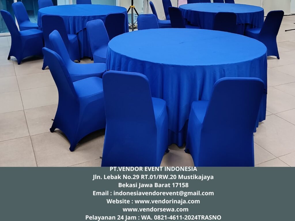 Sewa Meja Bulat Cover Biru Area Jakarta