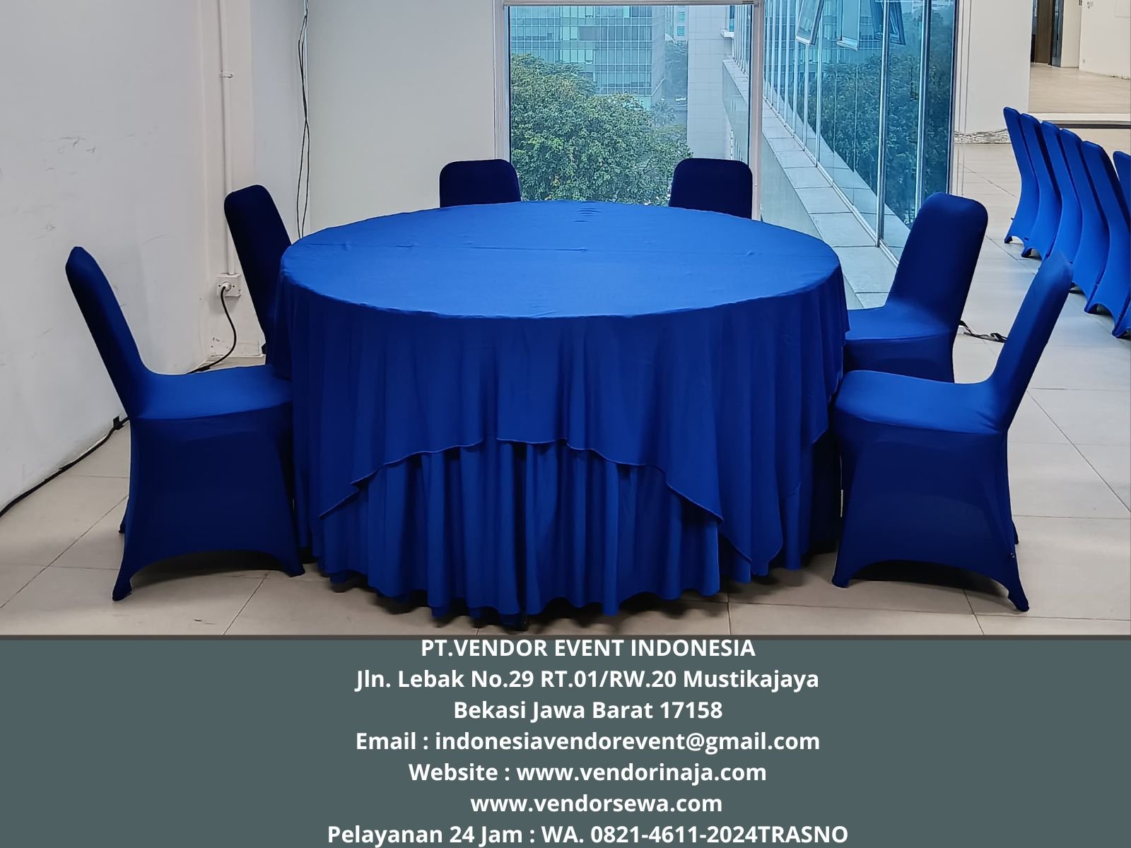 Sewa Meja Bulat Cover Biru Area Jakarta