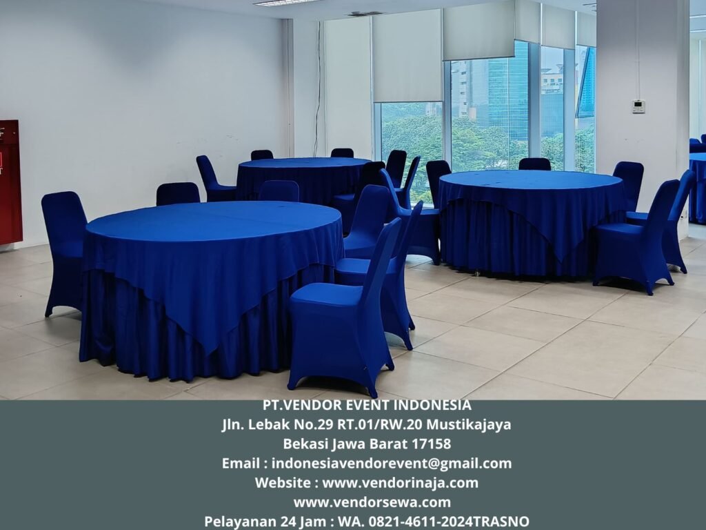 Sewa Meja Bulat Cover Biru Area Jakarta