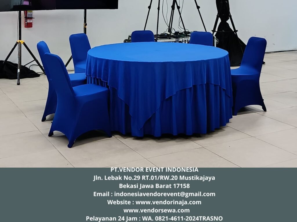 Sewa Meja Bulat Cover Biru Area Jakarta