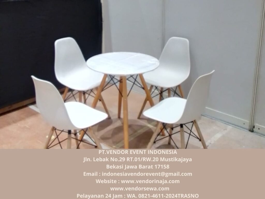 Sewa Meja Retro Putih Kaki Kayu Perum Kodam Bekasi
