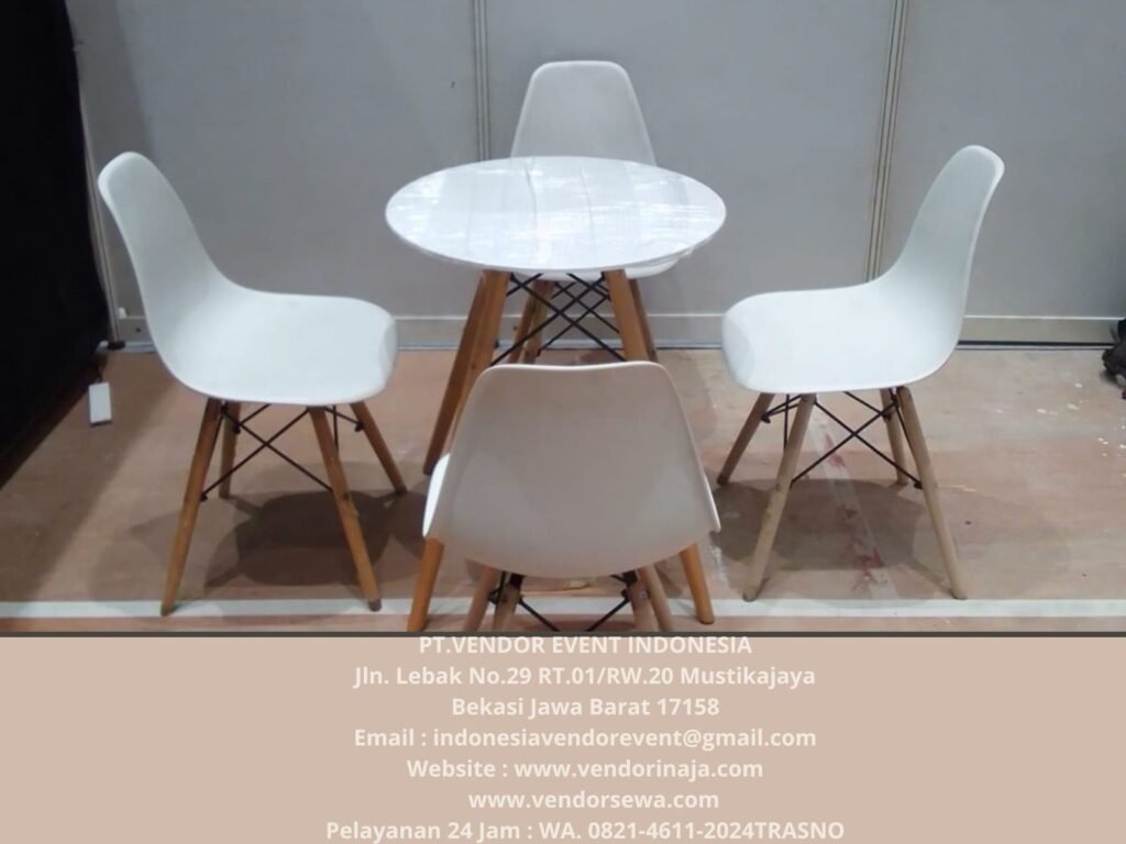 Sewa Meja Retro Putih Kaki Kayu Perum Kodam Bekasi