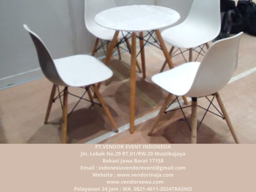 Sewa Meja Retro Putih Kaki Kayu Perum Kodam Bekasi