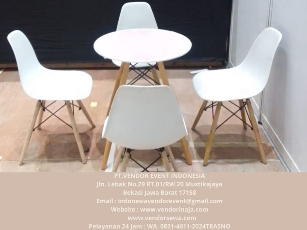 Sewa Meja Retro Putih Kaki Kayu Perum Kodam Bekasi