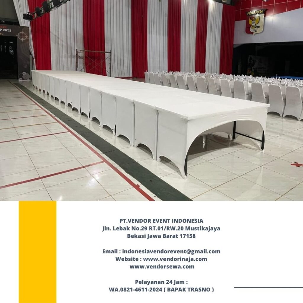 Sewa Meja Ibm Cover Putih Ketat Ukuran 180x45cm Jakarta