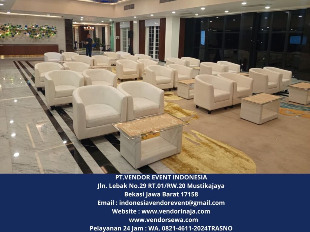 Sewa Sofa Oval Putih Set Meja VIP Kaca Putih Jakarta