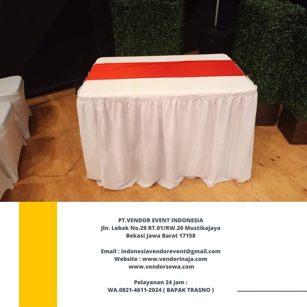 Rental Meja Kursi Cover Putih Aksesoris Merah Jakarta Siap Antar