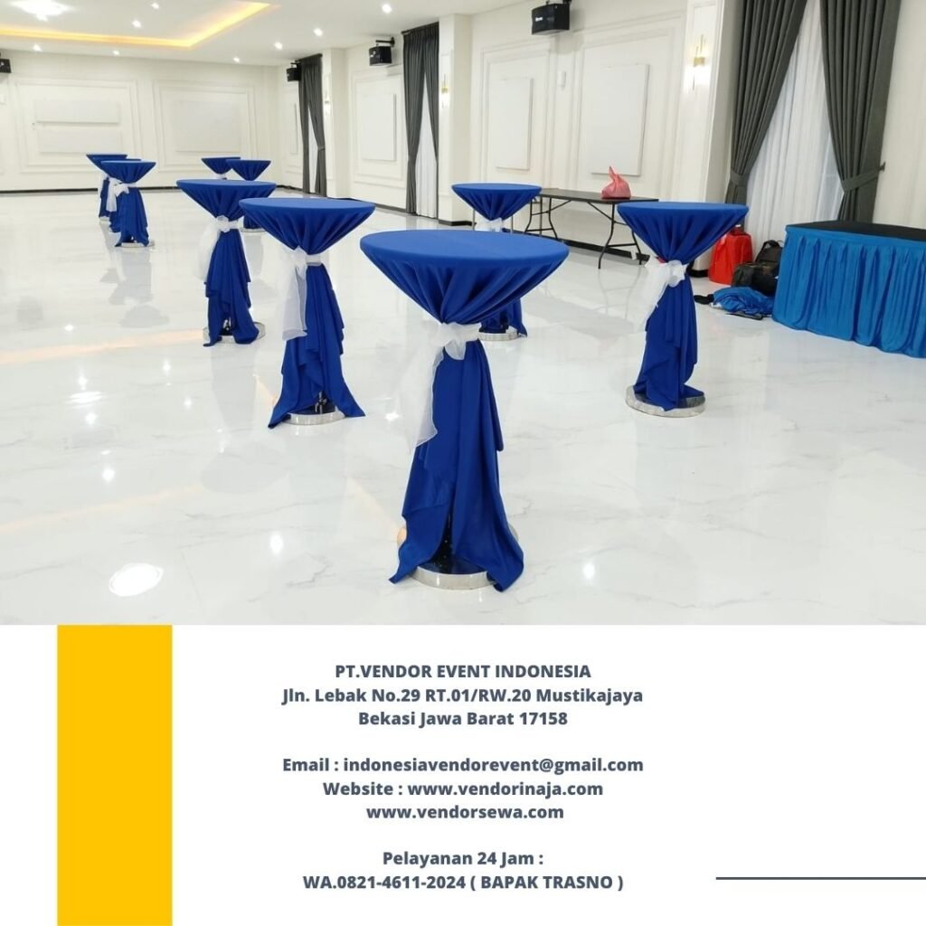 Sewa Meja Barstool Cover Biru Aksesoris Pita Jakarta