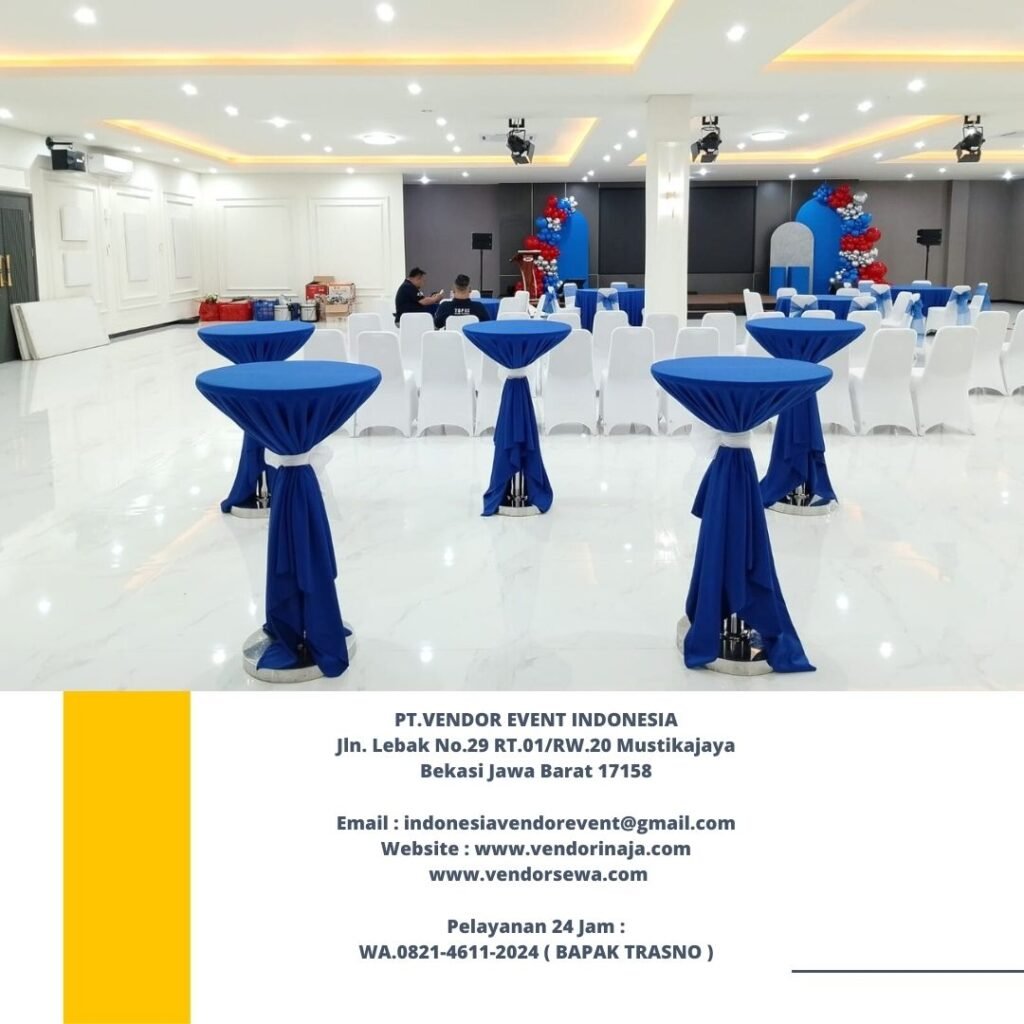 Sewa Meja Barstool Cover Biru Aksesoris Pita Jakarta