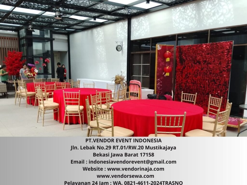 Sewa Meja Bulad Uk 160cm cover Tebar Merah Cabe