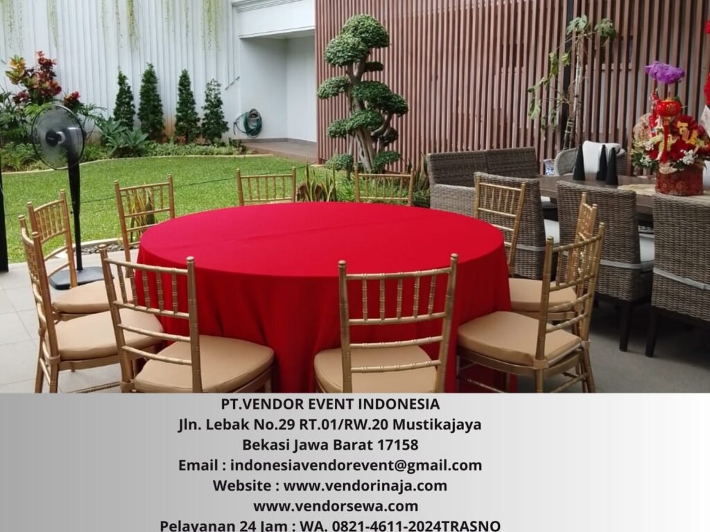 Sewa Meja Bulad Uk 160cm cover Tebar Merah Cabe