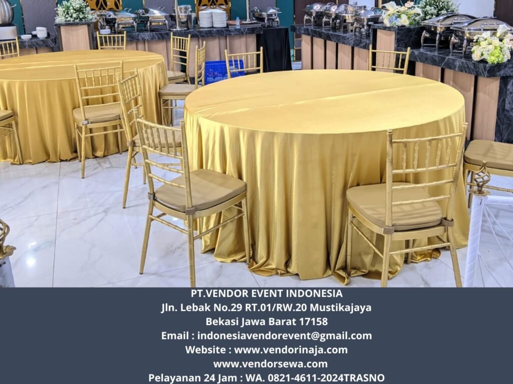 Sewa Kursi Tiffany Gold Dan Round Table Cover Gold Jakarta