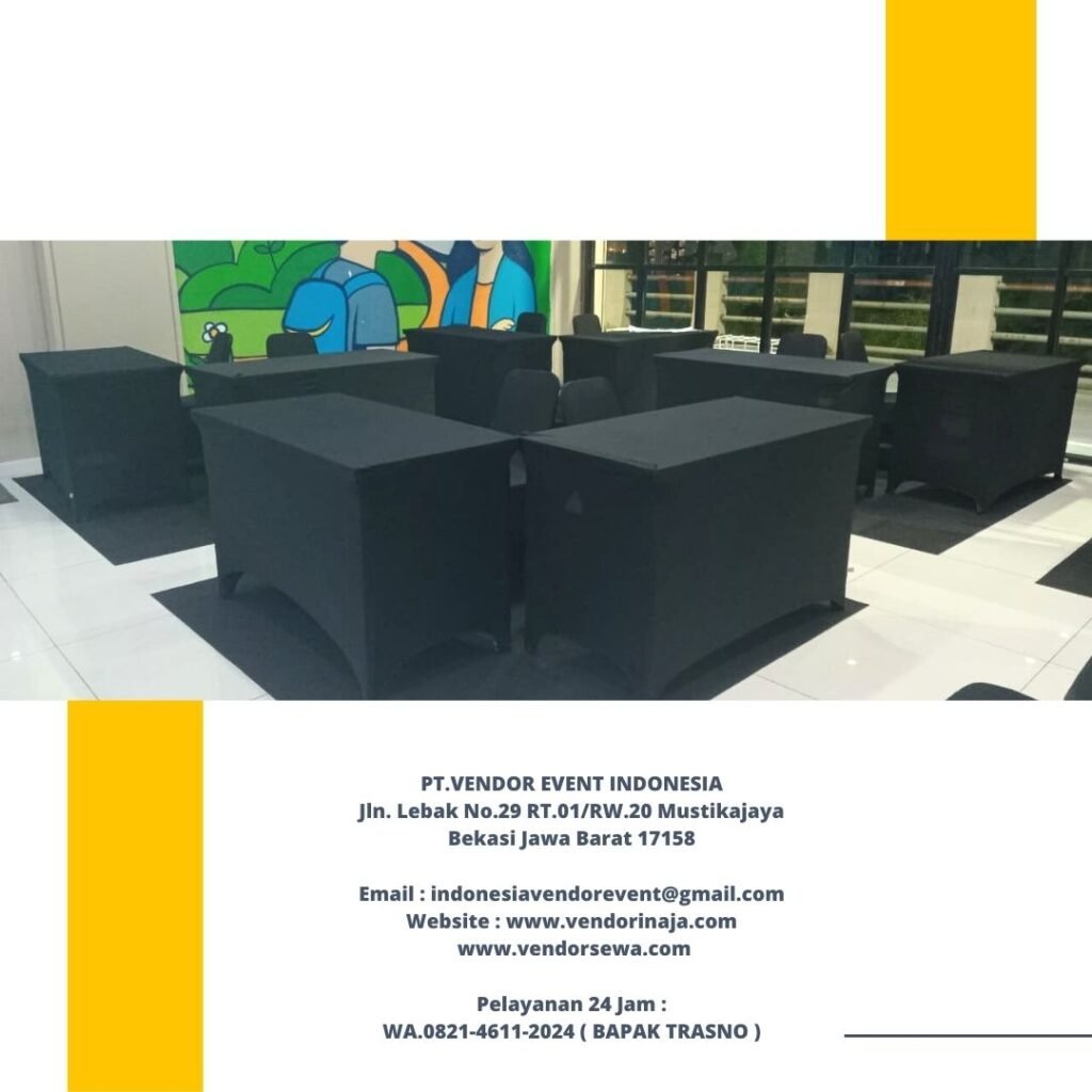 Sewa Meja Cover Ketat Warna Hitam Event Hotel Borobudur Jakarta