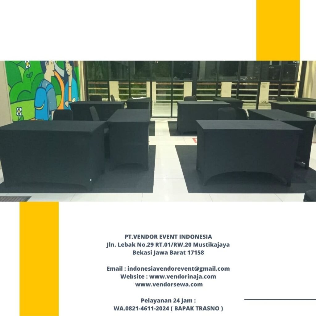 Sewa Meja Cover Ketat Warna Hitam Event Hotel Borobudur Jakarta