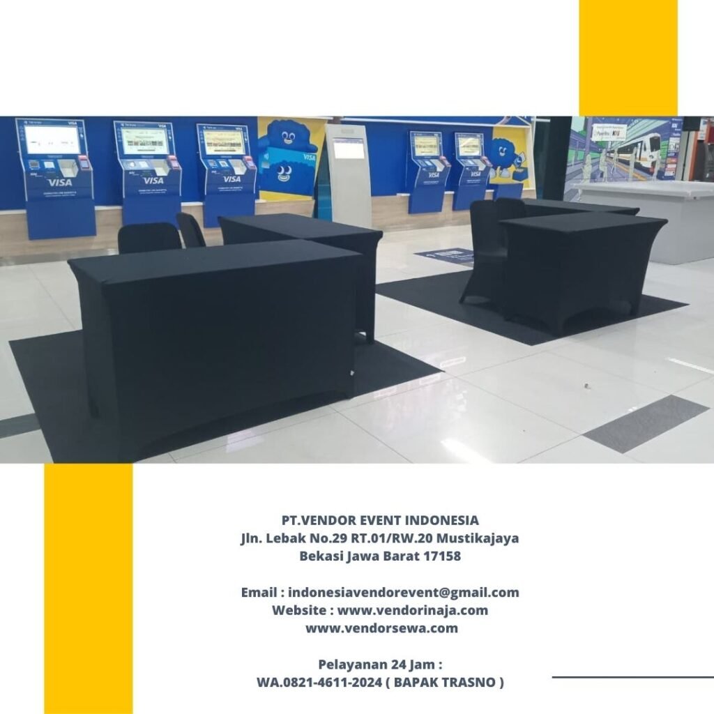 Sewa Meja Cover Ketat Warna Hitam Event Hotel Borobudur Jakarta