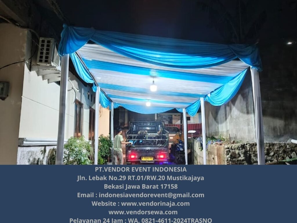 Sewa Tenda Dekor Serut Putih Biru Muda 3x8 Event Cimuning