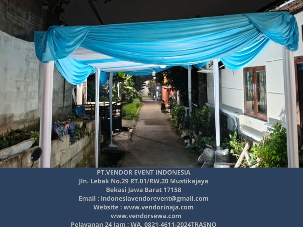 Sewa Tenda Dekor Serut Putih Biru Muda 3x8 Event Cimuning