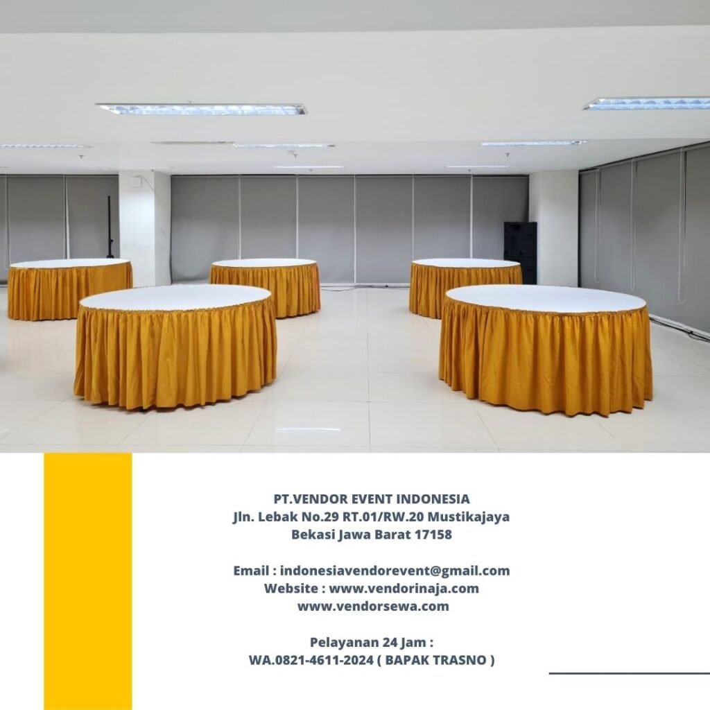 Sewa Meja Bundar Cover Putih Skirting Gold Di Jakarta