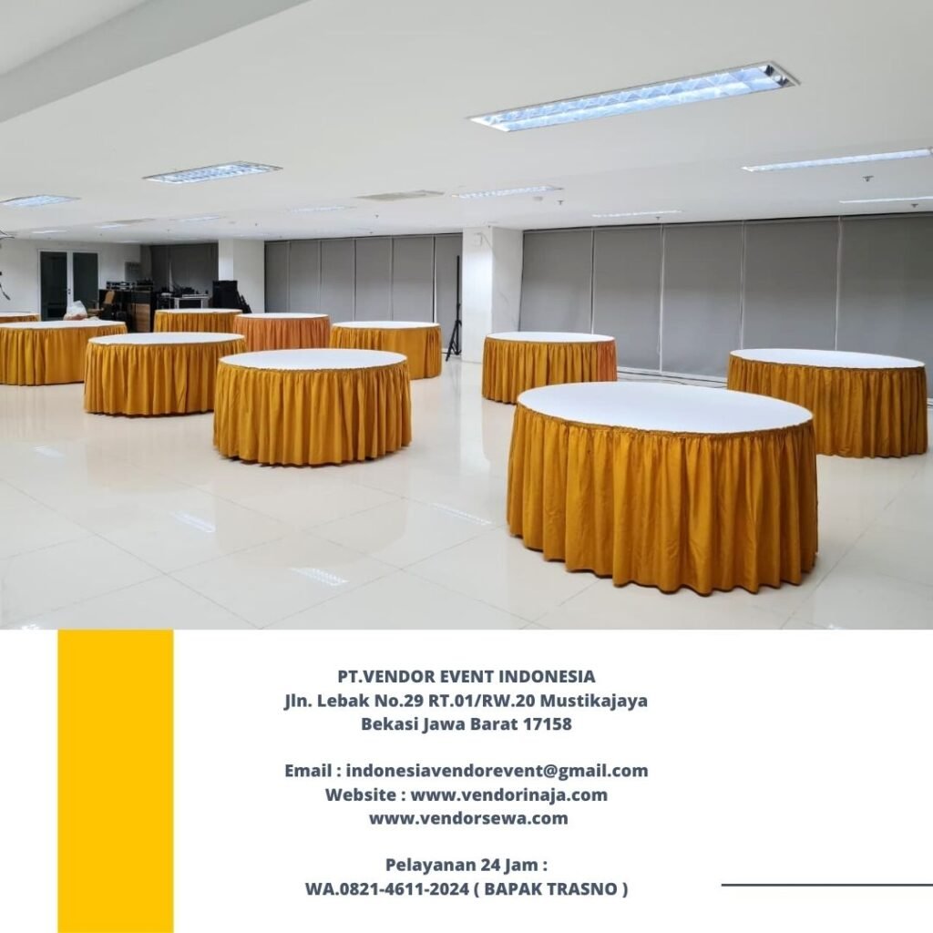 Sewa Meja Bundar Cover Putih Skirting Gold Di Jakarta