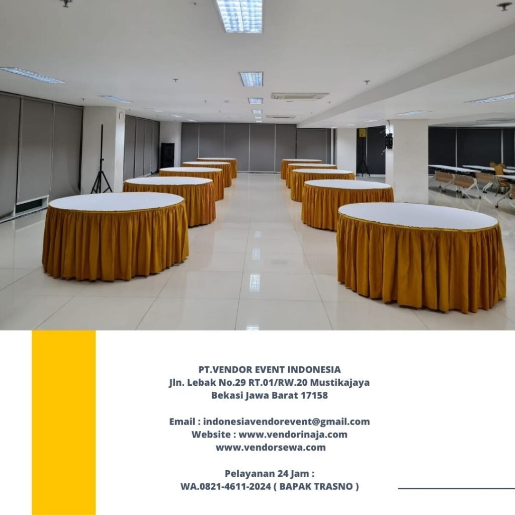 Sewa Meja Bundar Cover Putih Skirting Gold Di Jakarta