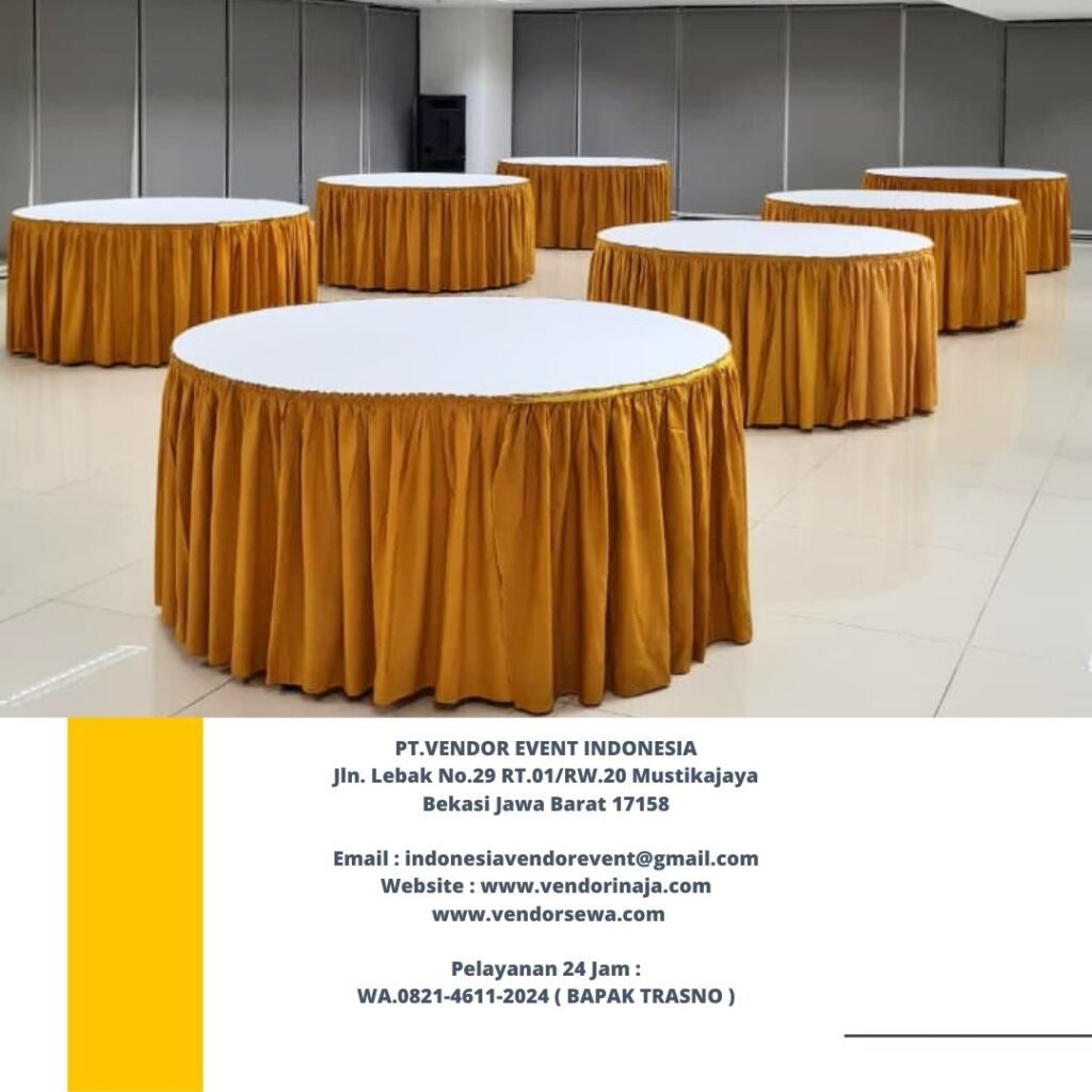 Sewa Meja Bundar Cover Putih Skirting Gold Di Jakarta