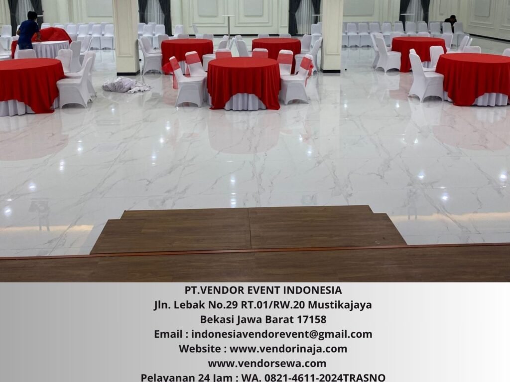 Sewa Meja D120cm Tebar Putih Topping Merah Bekasi