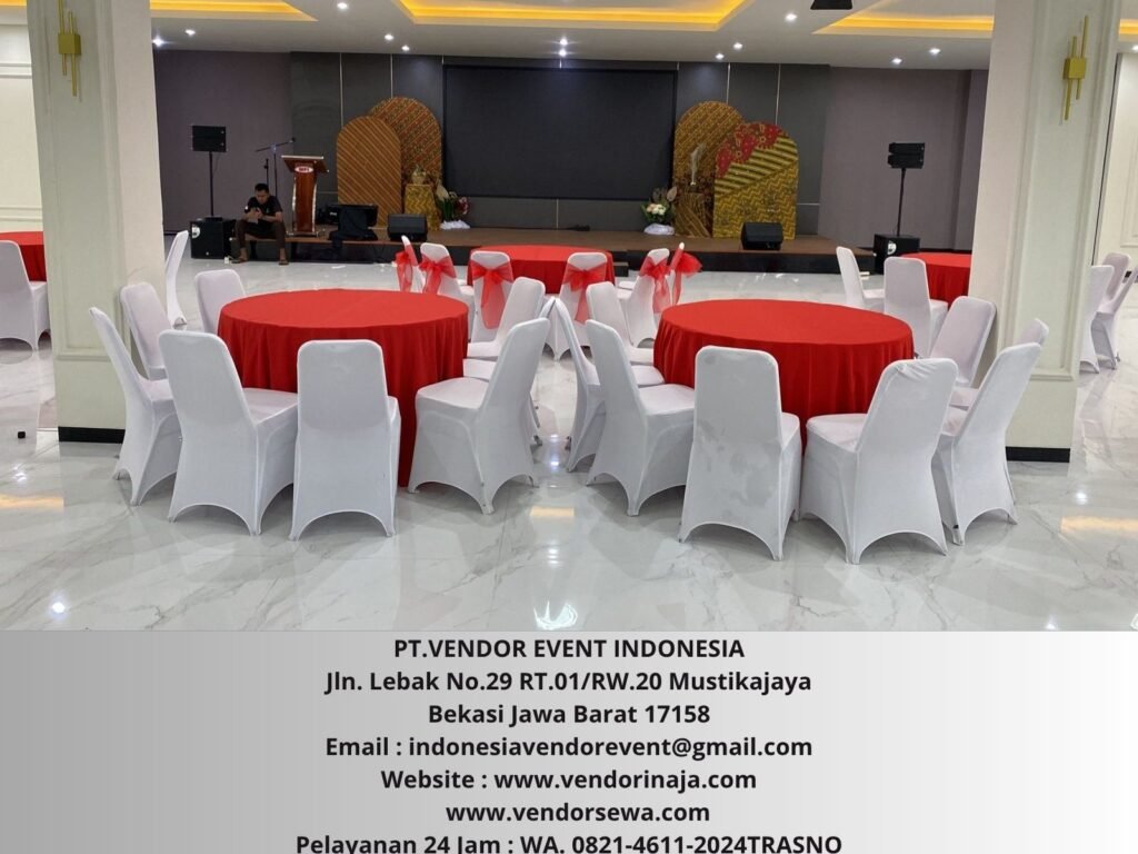 Sewa Meja D120cm Tebar Putih Topping Merah Bekasi