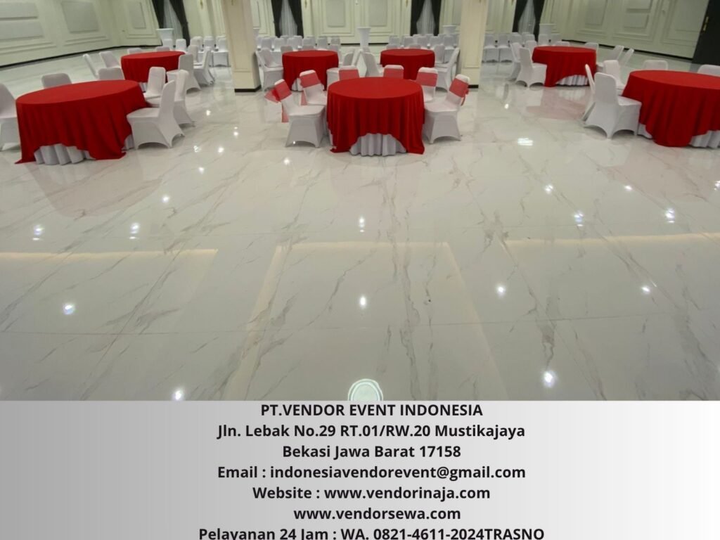 Sewa Meja D120cm Tebar Putih Topping Merah Bekasi