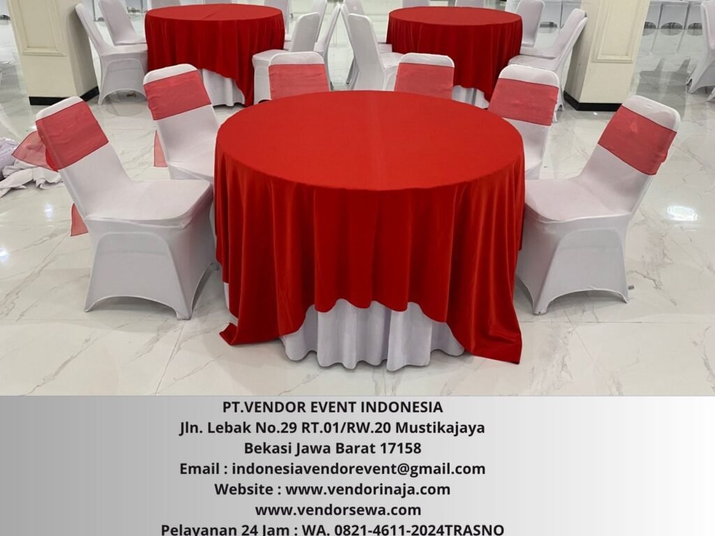 Sewa Meja D120cm Tebar Putih Topping Merah Bekasi