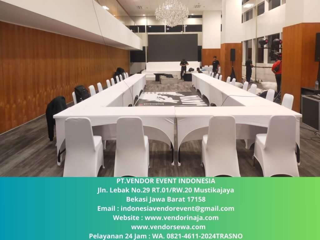 Sewa Meja IBM 180×45cm Cover Street Putih Jakarta