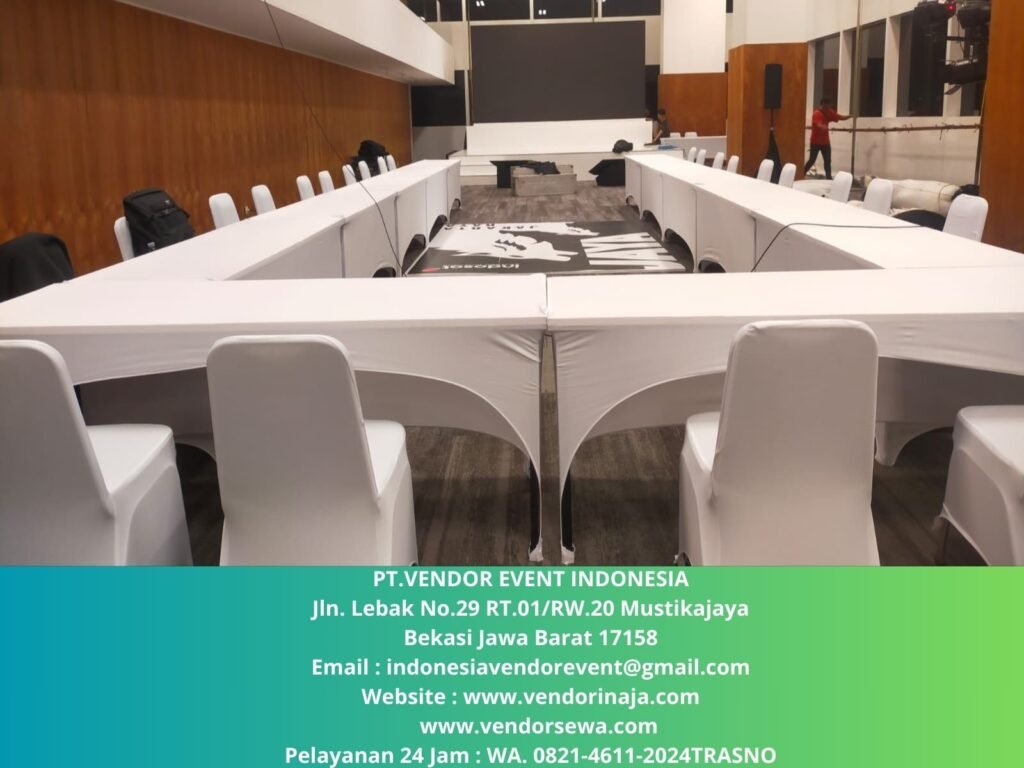 Sewa Meja IBM 180×45cm Cover Street Putih Jakarta