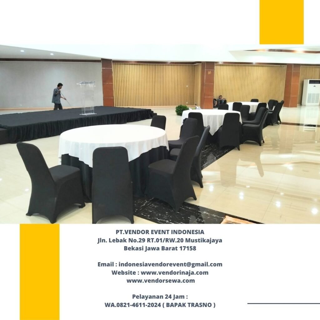 Rental round table Topping Putih Taplak hitam Jakarta