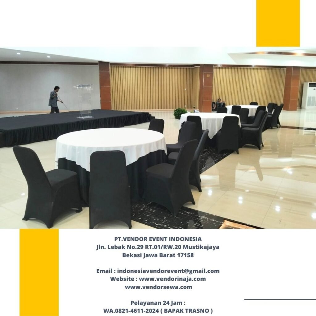 Rental round table Topping Putih Taplak hitam Jakarta