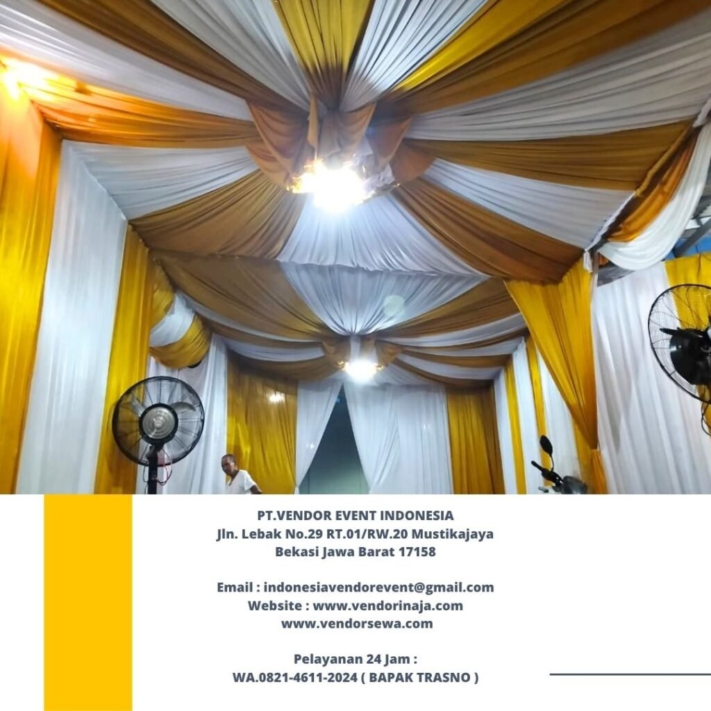 Sewa tenda Dekorasi Kain putih Gold untuk acara hitanan area Bekasi