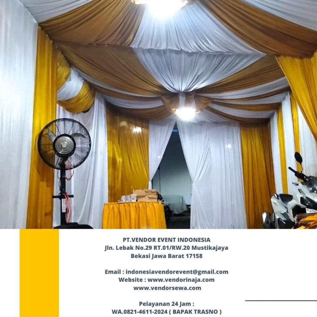 Sewa tenda Dekorasi Kain putih Gold untuk acara hitanan area Bekasi