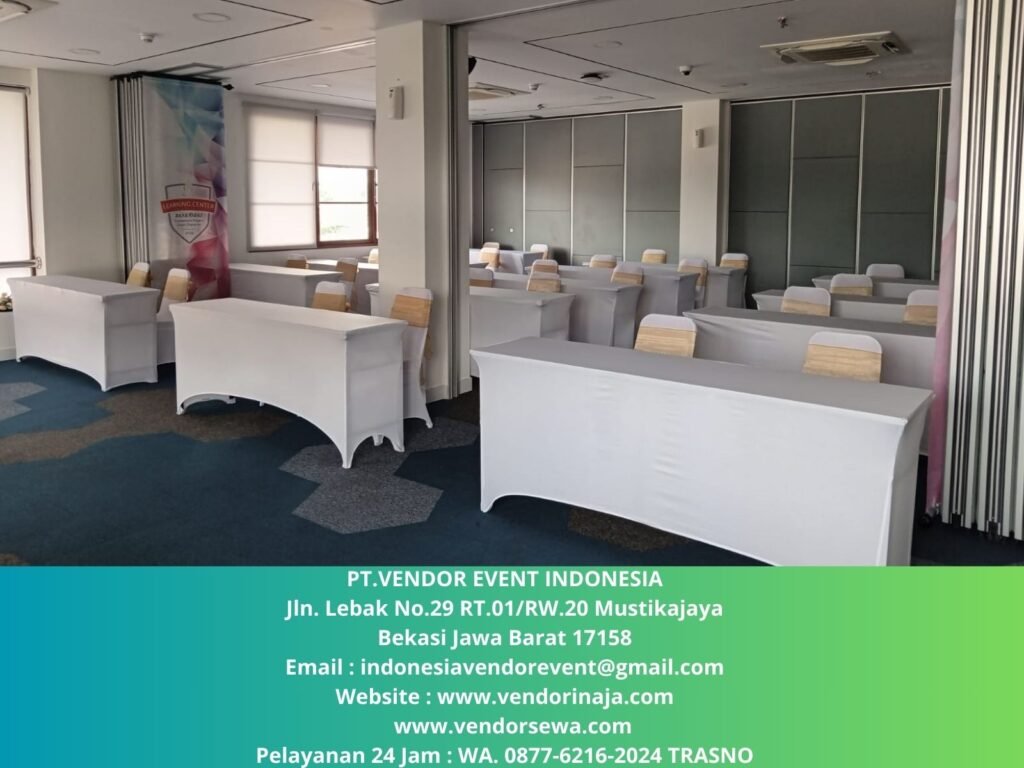 Sewa Meja IBM 180×45cm Cover Street Putih Jakarta