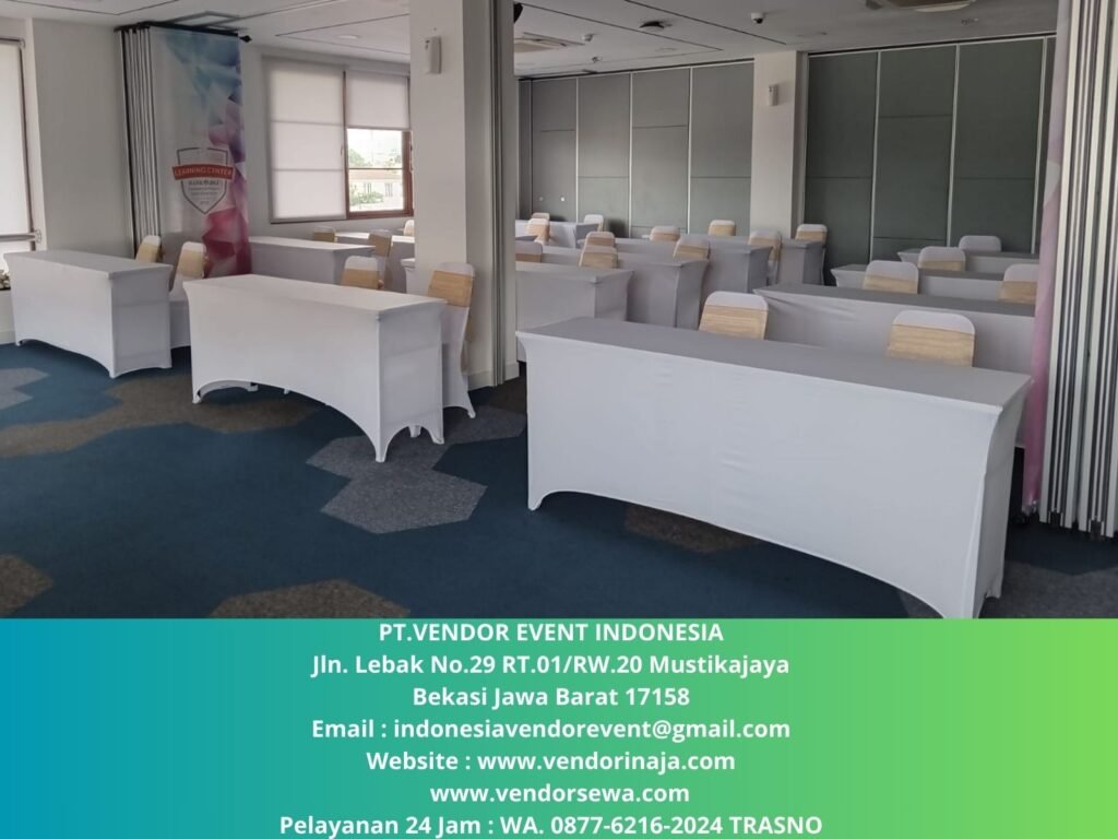 Sewa Meja IBM 180×45cm Cover Street Putih Jakarta