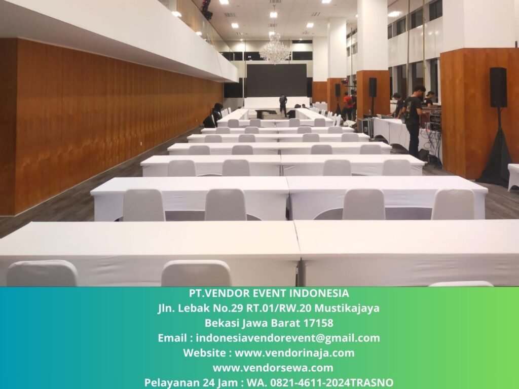 Sewa MEJA IBM 180x45cm COVER PUTIH KLH Kuningan Jaksel