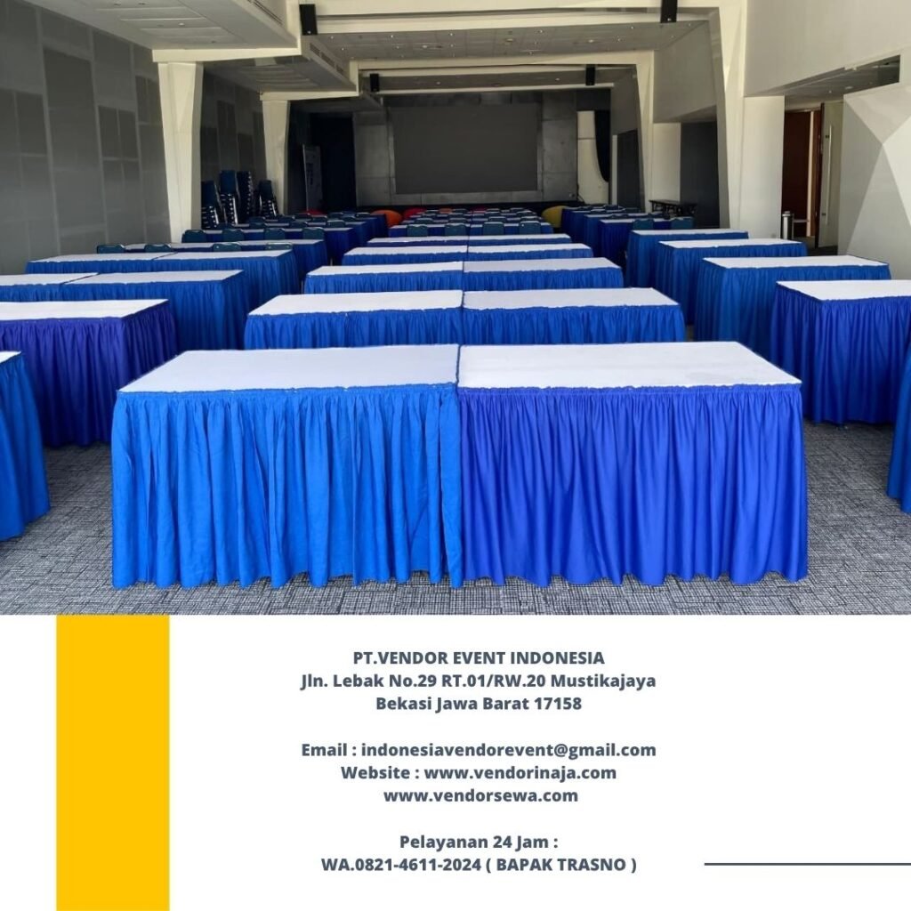 Sewa Meja Kotak Taplak Putih Skirting Biru Jakarta Timur