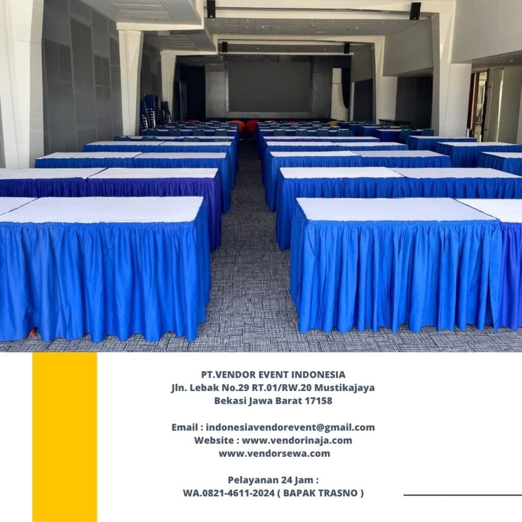 Sewa Meja Kotak Taplak Putih Skirting Biru Jakarta Timur